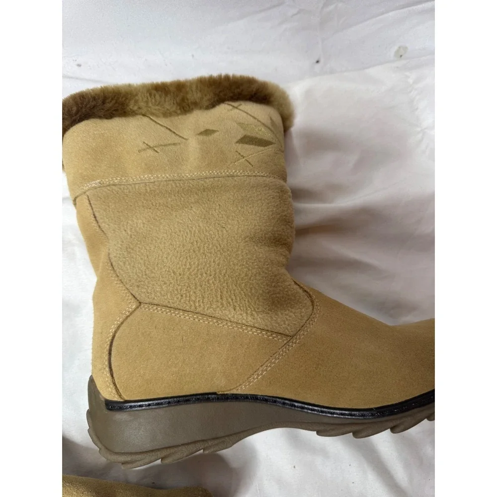 Sports Polartec Tan Suede Winter Boots Faux Fur Trim Embroidered Mid Calf Women